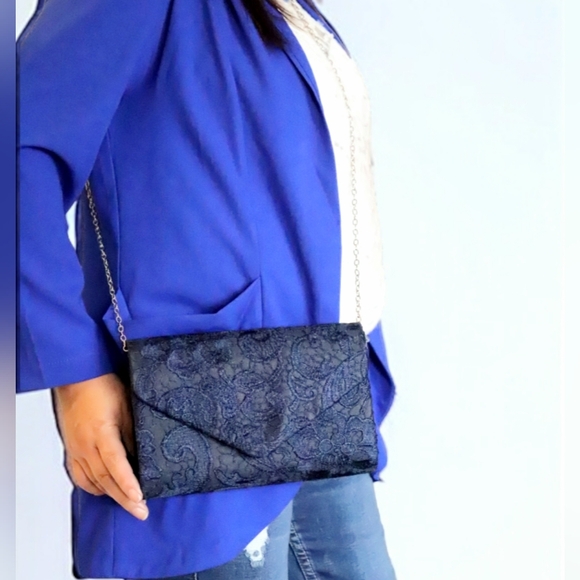 WOMENS ELEGANT FLORAL LACE CLUTCH HAND BAG WITH CHAIN STRAP - Picture 2 of 16